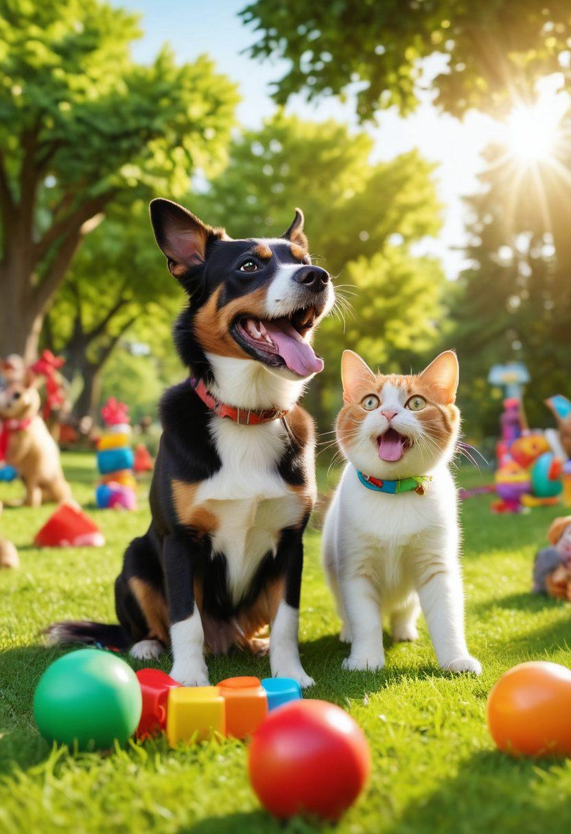 A joyful dog and cat playing together in a lush green park, surrounded by colorful toys and playful accessories. The scene captures their happiness with animated expressions, showcasing sunlight filtering through the trees. Include a dog park sign in the background and cheerful people enjoying their pets nearby. vibrant colors. super-realistic.