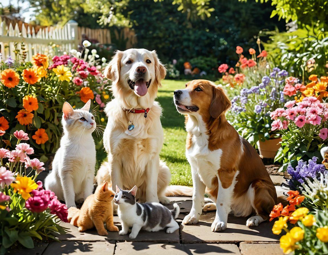 A joyful scene featuring a diverse group of pets, including dogs, cats, and rabbits, happily playing together in a sunlit garden filled with colorful flowers and playful toys. In the background, a caring owner is seen interacting with the pets, showcasing their bond and happiness. Soft, warm colors should radiate throughout to enhance the feeling of joy and connection. super-realistic. vibrant colors. natural setting.